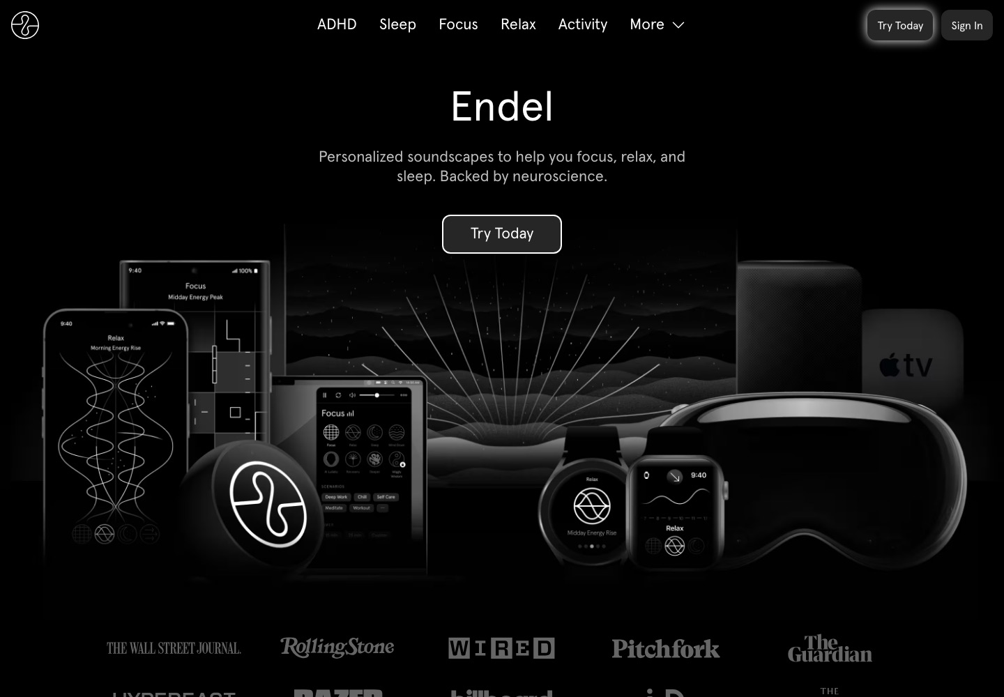 Endel landing page screenshot