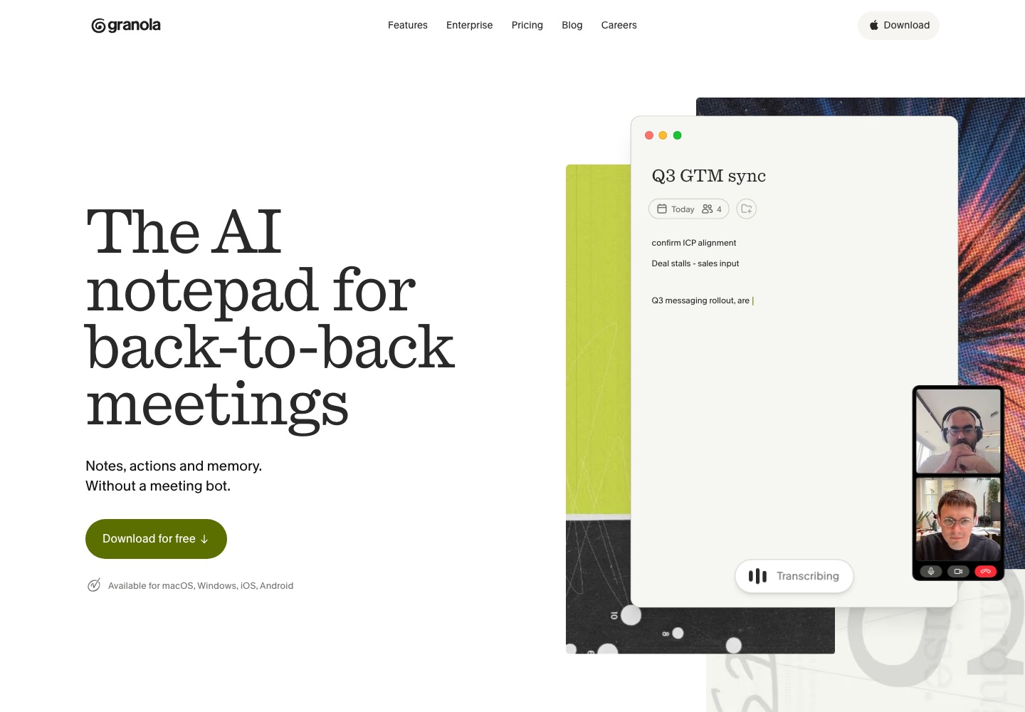 Granola landing page screenshot